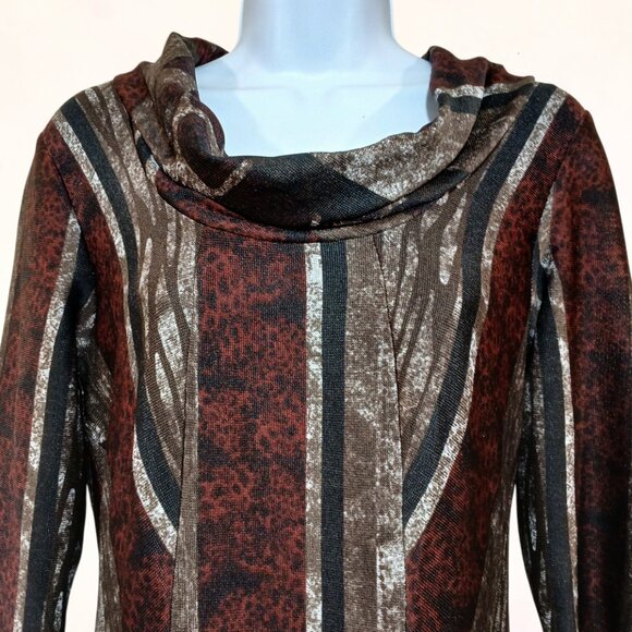 ROBBIE BEE Cowl Neck A-Line Multicolor Lined 3/4 Sleeve Stretch Midi Dress Sz L - Picture 2 of 12